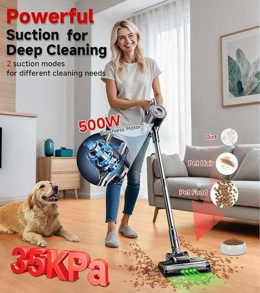 Cordless Vacuum Cleaner, 500W/35Kpa Self-Standing Lightweight Stick Vacuum with Green Light, 45Mins Runtime Vacuum Cleaners for Home, Anti-Tangle Vacuum for Pet Hair Hardwood Floor Carpet, Grey