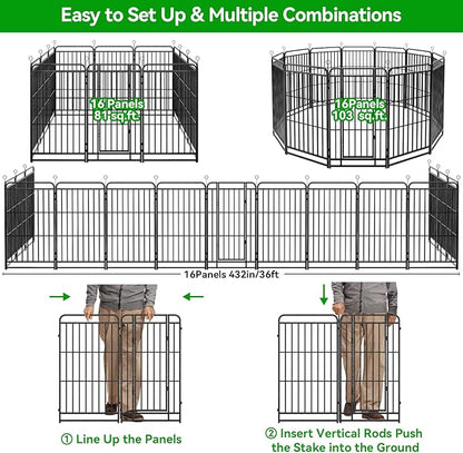 Dog Playpen Outdoor 16 Piece Panels Heavy Duty Dog Fence 40" Height with Thick Pipe Anti-Rust with Doors Portable for RV Camping Yard, Total 36FT, 103 Sq.ft, Snowy Black