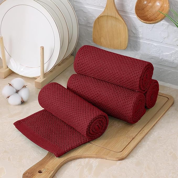 Kitinjoy 100% Cotton Kitchen Towels and Dishcloths Set, 8 Pack Waffle Weave Dish Towels Ultra Soft Absorbent Quick Drying Dish Rags, 13 x 28 Inch and 12 X 12 Inch, Burgundy