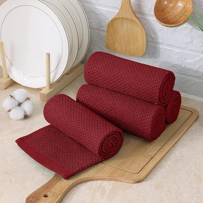Kitinjoy 100% Cotton Kitchen Towels and Dishcloths Set, 8 Pack Waffle Weave Dish Towels Ultra Soft Absorbent Quick Drying Dish Rags, 13 x 28 Inch and 12 X 12 Inch, Burgundy