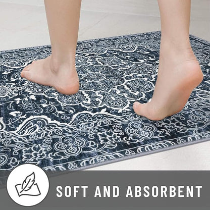 KUTA 3x5 Rugs for Entryway Non-Slip Washable Area Rug, Vintage Floral Kitchen Rugs Navy Blue, Ultra Soft Printed Medallion Tribal Entry Low-Pile Carpet for Entrance Bedroom Nursery Dorm Décor