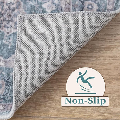 SERISSA Area Rug 4x6 Boho Rugs for Bedroom, Washable Non-Slip Living Room Rugs, Ultra Soft Print Distressed Low-Pile Throw Rug Blue Grey Carpet for Nursery Dorm Kitchen Living Room Decor