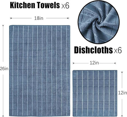 Microfiber Kitchen Towels and Dishcloths Set, 26 X 18 Inch and 12 X 12 Inch, Set of 12 Bulk Lint Free Dish Towels for Drying Dishes, Blue