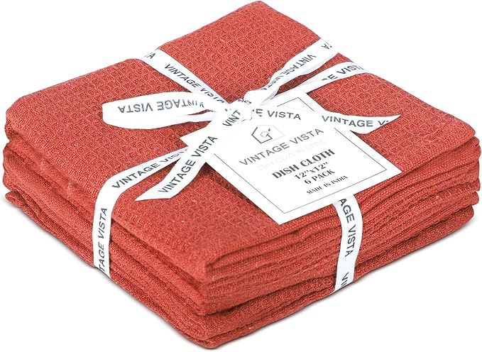 Vintage Vista 100% Cotton Waffle Dish Cloths (Pack of 6) - Dish Rags for Washing Dishes - Reusable & Highly Absorbent Kitchen Towels - Kitchen Rags for Christmas - (12" x 12" - Light Brown)