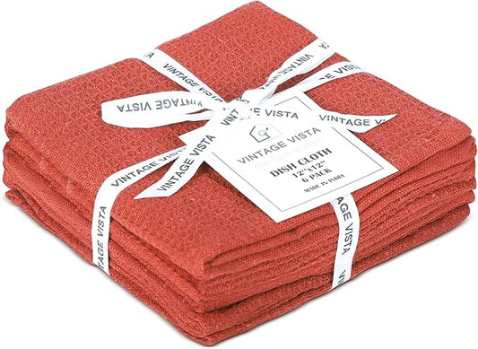 Vintage Vista 100% Cotton Waffle Dish Cloths (Pack of 6) - Dish Rags for Washing Dishes - Reusable & Highly Absorbent Kitchen Towels - Kitchen Rags for Christmas - (12" x 12" - Light Brown)