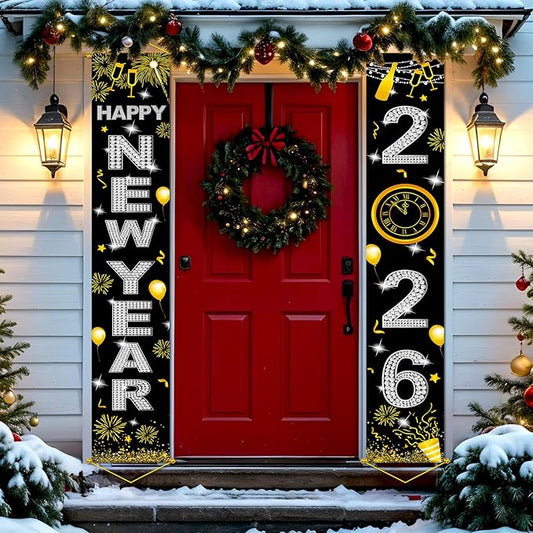 Upgraded, Ideal New Years Eve Party Supplies 2026, 300D Premium New Year Banner, Large 71x12in (with 2pcs Golden hanging rod) (Classic Diamond Style Design) HD Printing, Perfect for NYE Decorations
