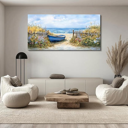 QIYILEXWART Large Wall Decor For Living Room Canvas Wall Art For Office Modern Wall Decorations For Bedroom Sea Side Boat Landscape Painting Farmhouse Pictures Artwork Room Home Decor 24x48 In
