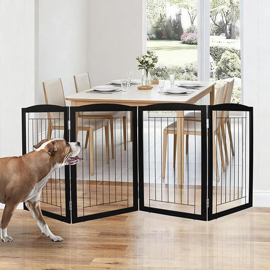 ZJSF Freestanding Foldable Dog Gate for House Extra Wide Wooden Black Indoor Puppy Gate Stairs Dog Gates Doorways Tall Pet Gate 4 Panels Fence