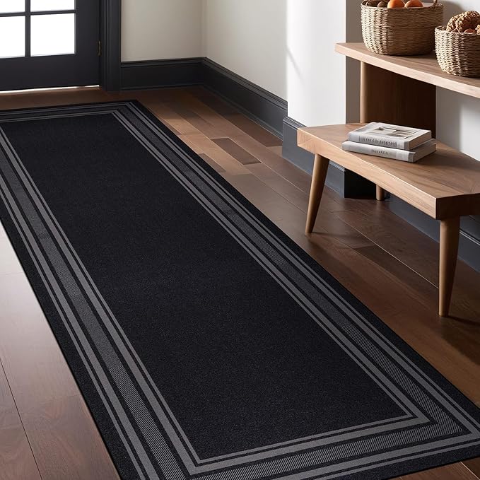 Modern Bordered Non Slip Indoor Runner Rugs for Living Room 2x5 Area Rugs for Kitchen, Rug for Bedroom, and Hallway, Stain Resistant Easy Cleaning Non Shedding Black 2 x 5