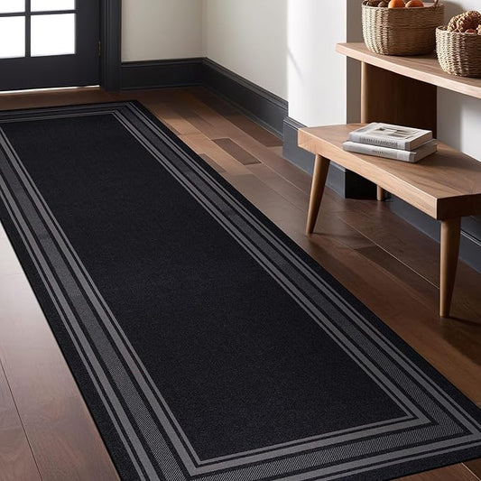 Modern Bordered Non Slip Indoor Runner Rugs for Living Room 2x5 Area Rugs for Kitchen, Rug for Bedroom, and Hallway, Stain Resistant Easy Cleaning Non Shedding Black 2 x 5