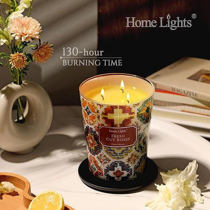 HomeLights Scented Candles | Large Jar 34 Oz Natural Soy Candle | 130 hrs Long-Lasting with 3 Wicks | Bohemian Natural for Home Decor | Gifts for Mom & Women, Fresh Cut Roses