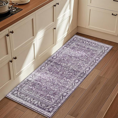 OPPODREAM Thin Vintage Purple 2x6 Runner Rug, 2 x 6 Retro Washable Rug Non Slip, Low-Pile Faux Wool Carpet, Distressed Floor Mat for Kitchen, Hallway, Entry-Way, Entrance, Indoor Back Door