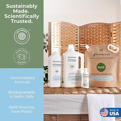 Heritage Park All-Purpose Shore Breeze, Lightly Scented, pH-Neutral Laundry Detergent - Stain-Fighting Enzymes, Ultra Concentrated (64 fl oz Refill Pouch)