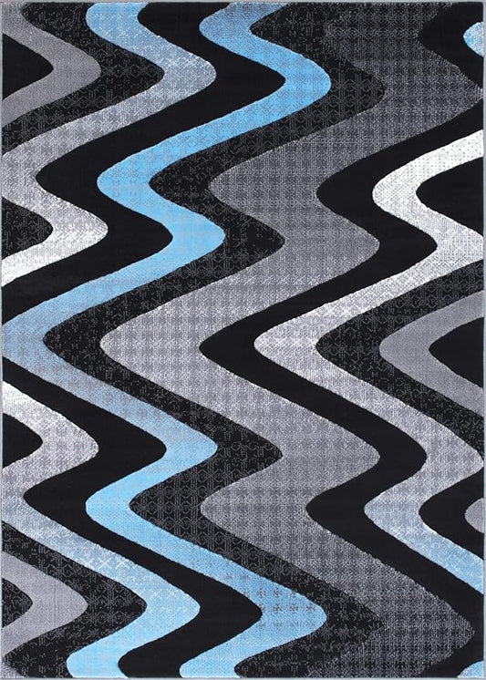 Allstar 5x7 Grey and Gainsboror Grey Modern and Contemporary Rectangular Accent Rug with Turquoise and Charcoal Grey Wavy Zigzag Design (4' 11" x 6' 11")