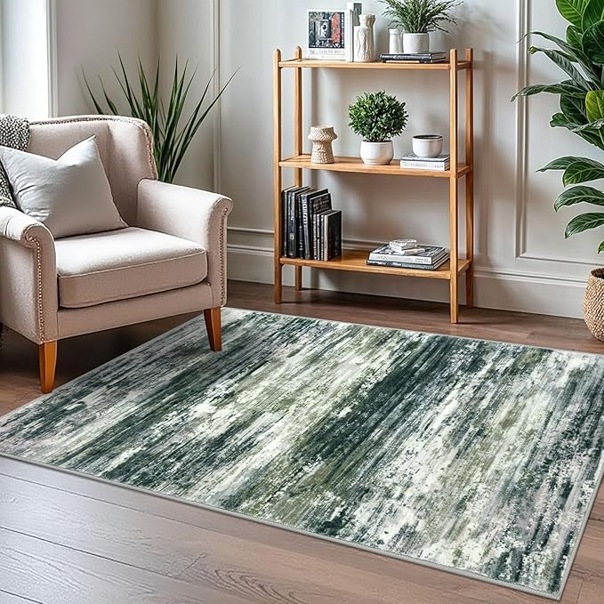 KOZYFLY Modern Abstract 3x5 Area Rug Washable Bedroom Rug Green Yellow, Throw Entry Mat Non-Slip Stain Resistant Carpet Dining Room Rug with Soft Low Pile for Living Room Kitchen Bath Office