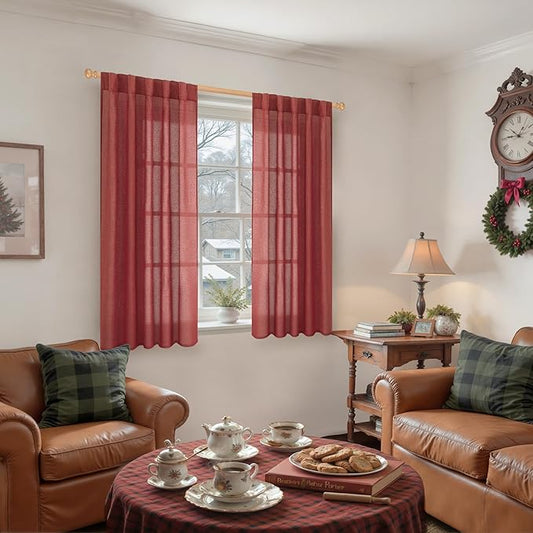 YoungsTex Burgundy Red Linen Curtains 54 Inch Length for Kitchen, Light Filtering Semi Sheer Small Window Drapes Rod Pocket Back Tab for Christmas Living Room Cafe, 2 Panels, 42 X 54 Inch