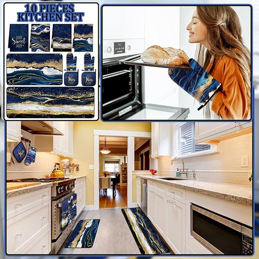 10 Pcs Christmas Marble Farmhouse Kitchen Decor Accessories Set Marble Kitchen Dish Towels Rugs Oven Mitts and Pot Holders Sets for Cooking Baking Daughter Mom Gift(Blue)