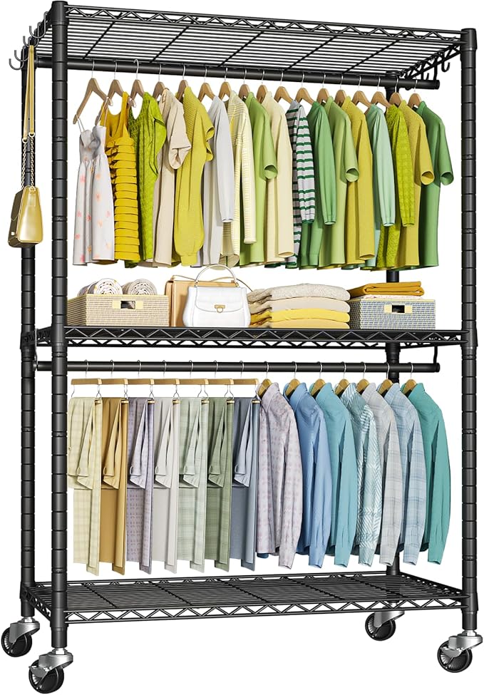 P3 Plus Rolling Clothes Rack, Clothing Racks for Hanging Clothes, Heavy Duty Garment Rack with Wheels, Freestanding Portable Closet Rack 45" W x 14" D x 78.5" H, Max Load 480 LBS, Black