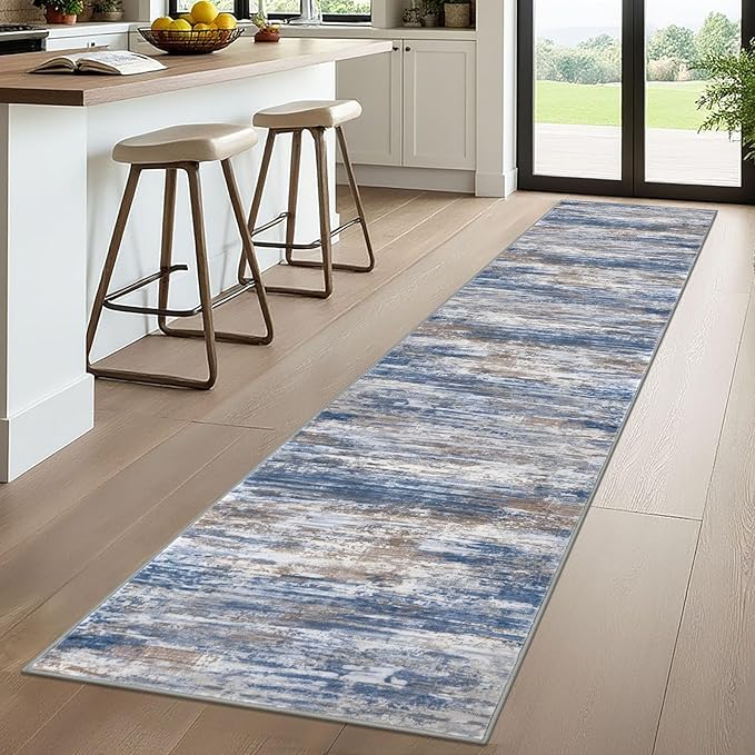 KOZYFLY Modern Abstract Kitchen Runner Rug, 2x10 Washable Rug Runner Non-Slip Soft Striped Hallway Runner Rugs, Blue Rust Print Carpet Runner for Entryway Bathroom Laundry Room Foyer