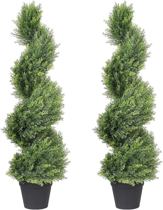THE BLOOM TIMES 3ft Artificial Topiary Trees Set of 2, 36 inch Faux Cedar Cypress Spiral Topiary Trees Outdoor - Fake Plants for Garden Front Porch Indoor Outside Planter Christmas Decor 3 Foot