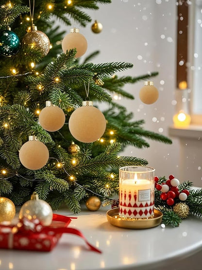 Velvet Christmas Ball Ornaments Set-46pcs Flocked Shatterproof Christmas Tree Decorations Plastic Xmas Decorative Hanging Ornaments for Xmas Holiday Home Decor,3 Sizes(Light Khaki)