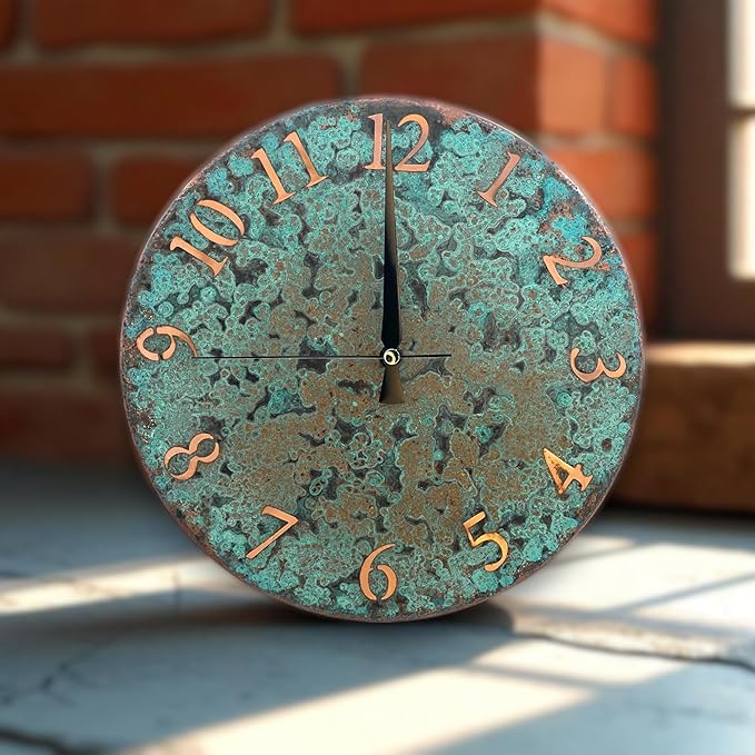 Handmade Pure Copper Wall Clock for Home Decoration, Decor Clock for Living Room, Bedroom and Kitchen, Rustic Decorative Mural Clock Art for Farmhouse (Numbers of Patina, 17.7)