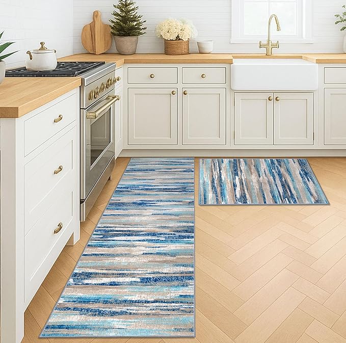 Modern Abstract Kitchen Rug Set of 2, 2x3 and 2x6 Blue Washable Rug Runner Non Slip Kitchen Mat, Soft Faux Wool Throw Carpet for Entryway, Hallway, Bedroom, Bedside, Laundry Room, Office