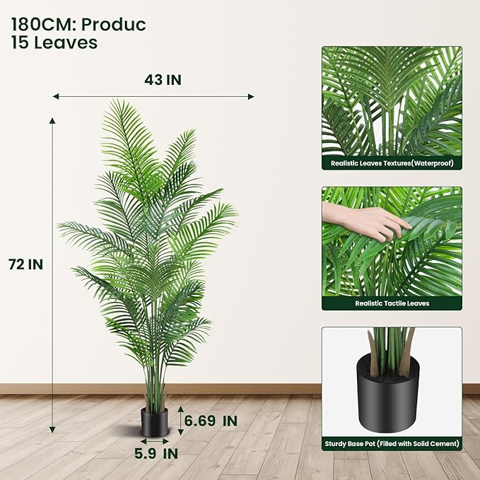 AnTing Artificial Areca Palm Plant Faux Tropical Tree 6FT, Fake Palm Tree Indoor Decor with 15Trunks for Home Office Garden Hotel Decor Gift（2pack）