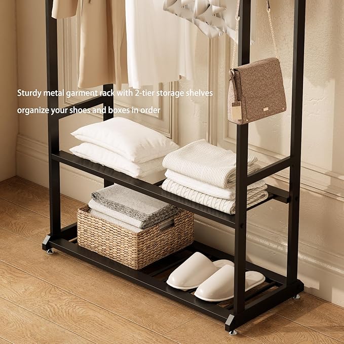 Sturdy heavy duty clothes rack,Black clothing rack with bottom shelves and 6 side hooks,Metal garment rack for hanging clothes,Wardrobe rack for Bedroom