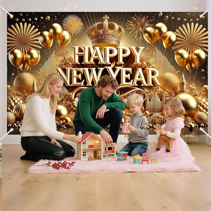 Nuxovilar Happy New Year Banner, Golden Snowflakes Glittery Backdrop for Party Decorations, 71x43 Inch