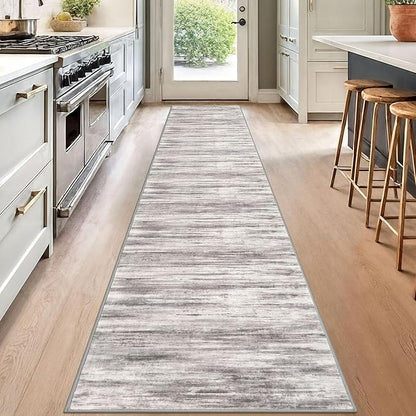 KOZYFLY Modern Abstract Kitchen Runner Rug, 2x12 Washable Rug Runner Non-Slip Soft Striped Hallway Runner Rugs, Grey Beige Print Carpet Runner for Entryway Bathroom Laundry Room Foyer
