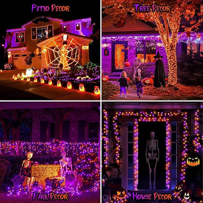 Purple&Orange Halloween Lights, 33FT 100 LED Outdoor String Light with Timer & 8 Modes, 3AA Battery Operated Waterproof String Light for Outdoor and Indoor Halloween Decor