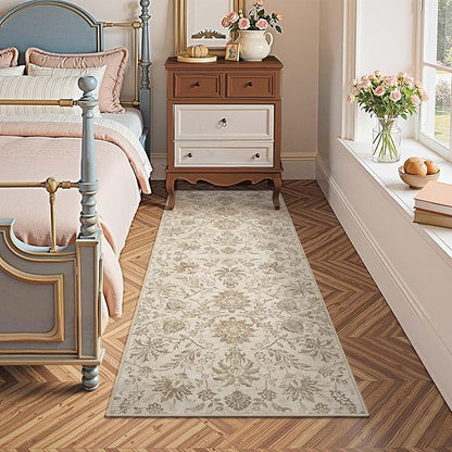 jinchan Runner Rugs 2x5 - Vintage-Inspired Floral Neutral Design Machine Washable Non-Slip Ultra-Thin Low-Pile Rubber Backing Runner Rug for Kitchen Hallway Laundry Room Entryway Taupe
