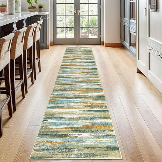 Modern Abstract Runner Rug 2x12, Green Mustard Multi Washable Long Kitchen Runner Non-Slip Soft Hallway Rug Runner Thin Print Faux Wool Carpet for Entryway Bedroom Laundry Room Indoor