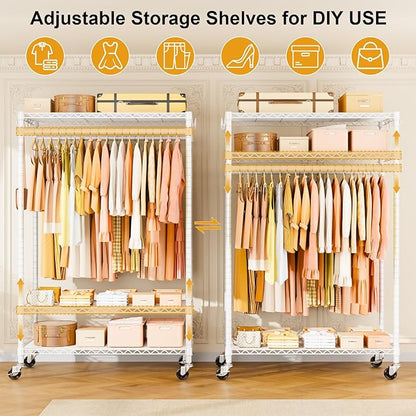 P7 Rolling Clothes Rack, Clothing Racks for Hanging Clothes, Heavy Duty Garment Rack with Wheels, 3 Tiers Freestanding Portable Closet Rack 45''W × 20.5''D × 80.5''H, Max Load 480 lbs, White