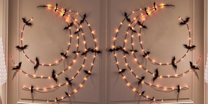 LITBLOOM Halloween Garland with Lights 6FT 80 Orange and Warm White Fairy Lights, Lighted Black Garland Battery Operated with Timer Lit Bats for Wall Porch Decoration (2 Pack)
