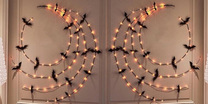 LITBLOOM Halloween Garland with Lights 6FT 80 Orange and Warm White Fairy Lights, Lighted Black Garland Battery Operated with Timer Lit Bats for Wall Porch Decoration (2 Pack)