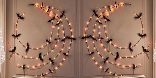 LITBLOOM Halloween Garland with Lights 6FT 80 Orange and Warm White Fairy Lights, Lighted Black Garland Battery Operated with Timer Lit Bats for Wall Porch Decoration (2 Pack)