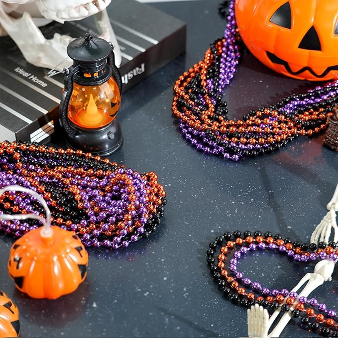 YAXINRUI 144 PCS Halloween Beads Necklaces, Purple Black Orange Party Beads 33'' Halloween Necklaces Party Stuff for Halloween Trick or Treat Decorations