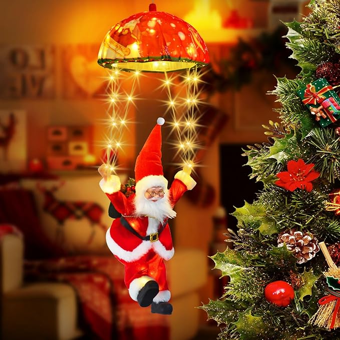Christmas Lights Outdoor Indoor, Santa Claus Parachute LED Lights, 8 Modes & Timer Christmas Decorations Lights Outside Inside for Window, Garden, Home, Porch, Xmas Tree Decor (Warm White) ﻿
