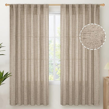 YoungsTex Dark Oatmeal Linen Semi Sheer Curtains 2 Panels for Living Room - Bulap Window Drapes Light Filtering with Back Tab Rod Pocket Privacy for Farmhouse Bedroom, 52 X 72 Inch