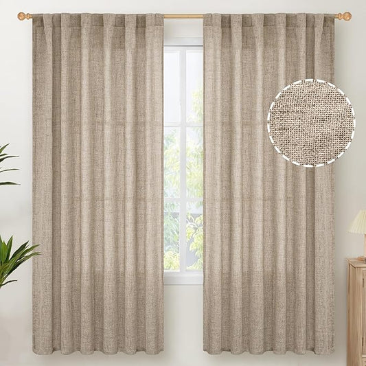 YoungsTex Dark Oatmeal Linen Semi Sheer Curtains 2 Panels for Living Room - Bulap Window Drapes Light Filtering with Back Tab Rod Pocket Privacy for Farmhouse Bedroom, 52 X 72 Inch