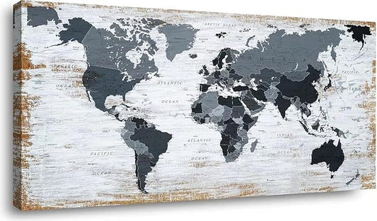 lagre size 36inchx71inch world map Canvas Wall Art Black Wall Decor Office Map of the world Pictures for Living Room Decoration Map Picture Framed Artwork for Home Bedroom Decoration