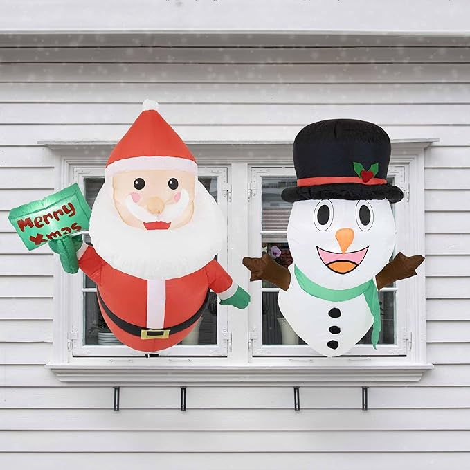 Sunnydaze Santa and Frosty Inflatable Christmas Decoration for Window - Indoor or Outdoor Use - 2 White LED Lights Each