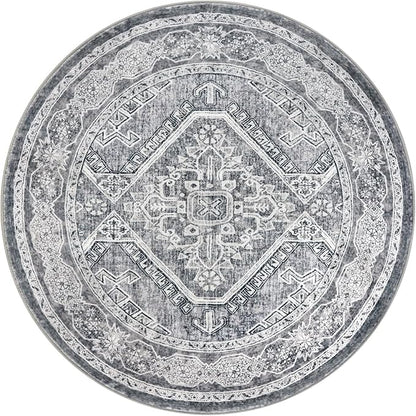 KUTA Oriental Round Rug 3ft, Grey Washable Boho Circle Indoor Area Rugs, Non-Slip Vintage Medallion Foyer Carpet for Entryway Farmhouse Kitchen Dining Room Table
