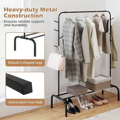 Giantex Clothes Rack for Hanging, 50" Wide Freestanding Garment Rack with Hanging Rod, 8 Hooks & Storage Shelf, Heavy-duty Metal Clothing Racks Wardrobe Organizer for Bedroom, Entryway, Laundry