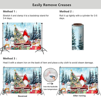YongFoto Merry Christmas Backdrop 5x3ft Pine Forest Snowman Christmas Tree Red Car Gnome Photography Background New Year Xmas Eve Family Party Banner Room Decor Photoshoot Wallpaper Photo Booth