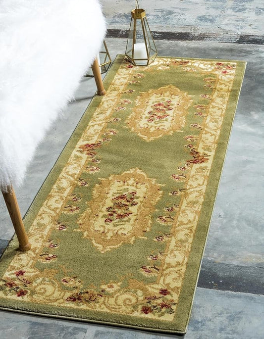 Rugs.com Chateau Collection Rug – 2' x 7' Runner Green Medium Rug Perfect for Hallways, Entryways