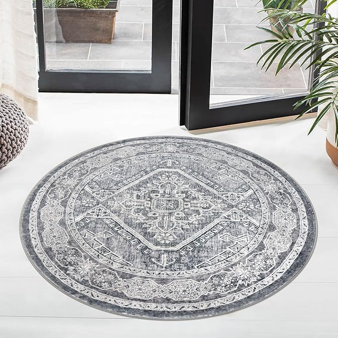 KUTA Oriental Round Rug 3ft, Grey Washable Boho Circle Indoor Area Rugs, Non-Slip Vintage Medallion Foyer Carpet for Entryway Farmhouse Kitchen Dining Room Table