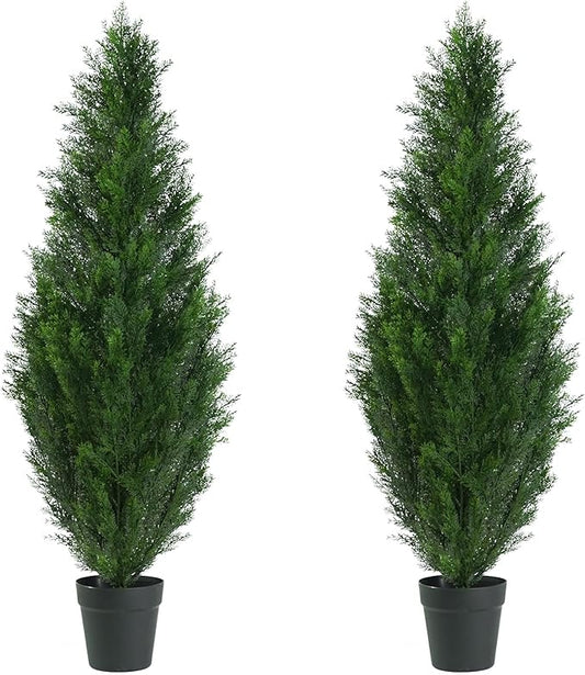 4FT Artificial Topiary Cedar Tree, Fake Cedar Plant for Indoor Outdoor Décor, UV Resistant Faux Evergreen Tree for Home Garden Porch Office, Artificial Christmas Tree Alternative Decoration,2Pack